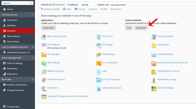 craet database in plesk