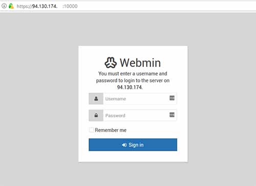 صفحه لاگین کنترل پنل Webmin